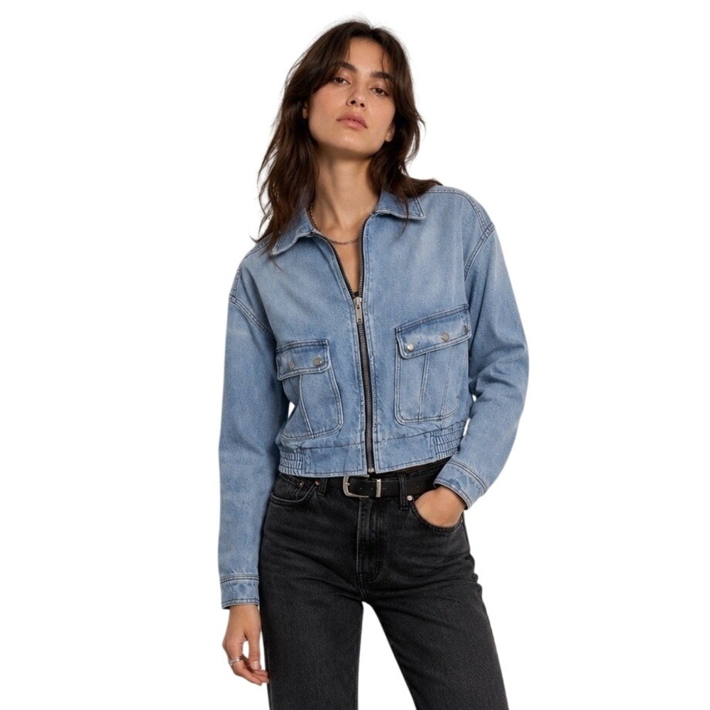 The Kooples Jeans Blue Denim Oversized Bomber Jacket Zipper Size 1 Small